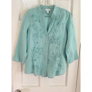 Charter‎ Club Women's Sz 8 LINEN Teal Embroidered Lightweight Coastal Blouse